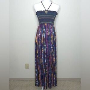 Coogi Y2K Boho Abstract Multi-Color Smocked Halter Maxi Dress small